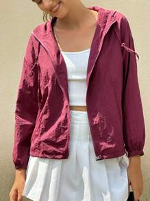 Jouncy Women Casual Simple Solid Color Zip Up Hooded Long Sleeve Jacket