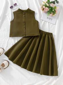 Tween Girls' Summer Casual Solid Color Tank Top & Mini Skirt Set - Olive Green - View 8