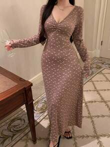 DAZY Long Floral V-Neck Ruched Nightgown Pajama, Winter - Camel - View 5