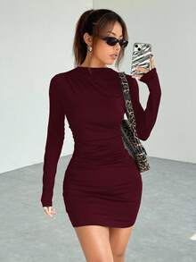 SHEIN EZwear Women's Simple Solid Color Ruched Body-Con Dress, Autumn Sexy Long Sleeve Dresslong Sleeve Claret Dress,Fall - Burgundy - View 5