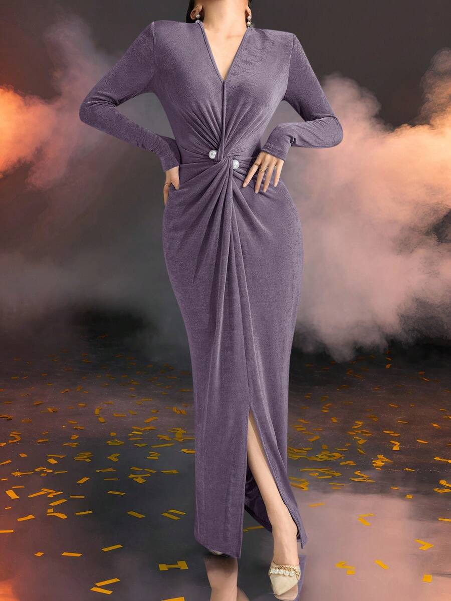 Modelyn 女士纯色 V 领长袖腰扭纹修身连衣裙,优雅 - 紫色 - 查看 1