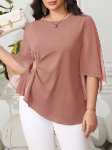 Plus Size Elegant Solid Color Flared Sleeve Shirt, For Work Chiffon Blouses For Women - Pink - View 5
