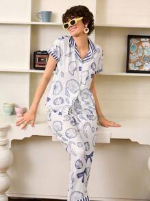 Chillnights Conjunto de pijama informal para mujer con cuello a rayas de contraste, lazo y motivo de conchas marinas