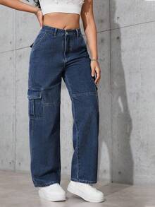 Flirla Casual Washed Straight-Leg Cargo Jeans - Dark Wash - View 6