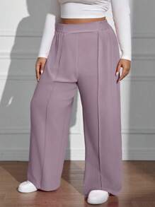 SHEIN EZwear 大码休闲纯色直筒裤 - 淡紫色 - 查看 3