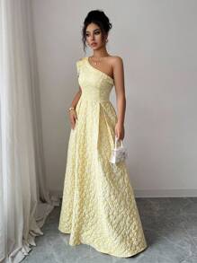 Elenzga Váy vải Jacquard dáng xòe cổ không đối xứng màu kem lãng mạn thanh lịch dành cho nữ - Butter Yellow - Xem 5