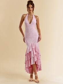 SHEIN BAE Robe enveloppante à col V plongeant texturé en tricot avec volants à l'ourlet, robe élégante, robe rose - Rose bonbon - Voir 4