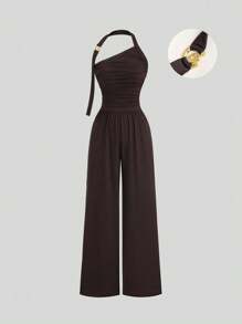 Sweetra New Summer Spiral Gold Jewelry Design Backless Jumpsuit For Women, Waist Cinching Casual Daily Wear
