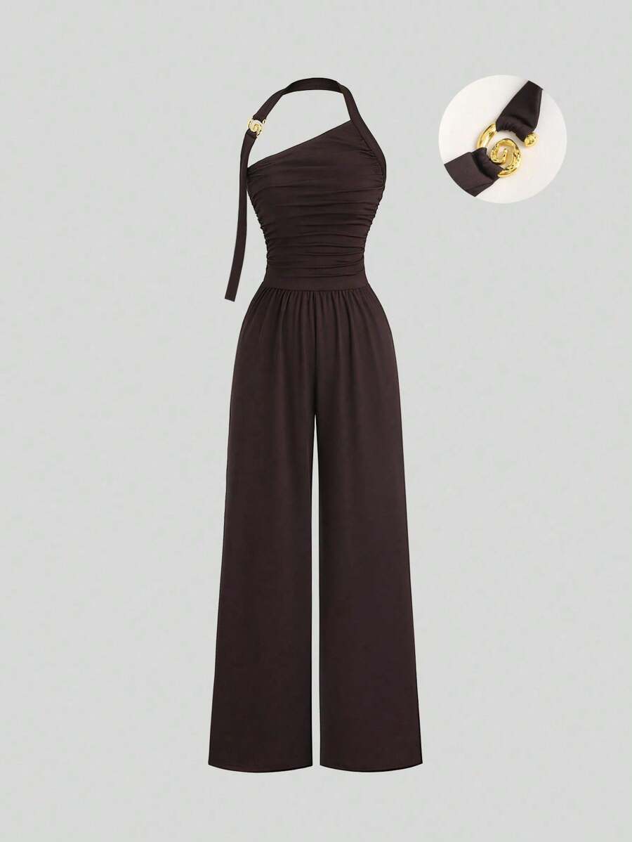 Sweetra New Summer Spiral Gold Jewelry Design Backless Jumpsuit For Women, Waist Cinching Casual Daily Wear