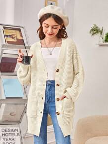 SHEIN Girls' Long Sleeve Oversized V-Neck Knitted Cardigan,In Fall/Winter - Apricot - View 4