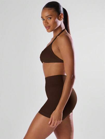 Ra Sport Solid Ruched Bust Open Back Halter Sports Bra, Active Comfy Workout Gym Running Run Club, Padel, Tennis, Pickleball Fitness view 4