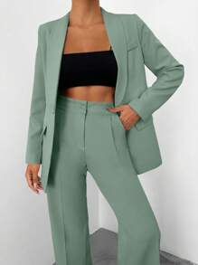 SHEIN Conjunto de chaqueta y pantalones de mujer con cuello de chal de unicolor y manga larga