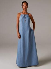 Athîral Denim Women's Chambray Denim Halterneck Backles Maxi Dress,Fall Women Clothes,Holiday,Vintage Dress,Modest Dresses For Women - Light Wash - View 1