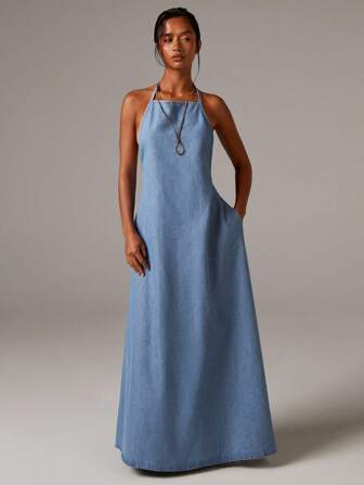 Athîral Women's Chambray Denim Halterneck Backles Maxi Dress,Fall Women Clothes,Holiday,Vintage Dress,Modest Dresses For Women
