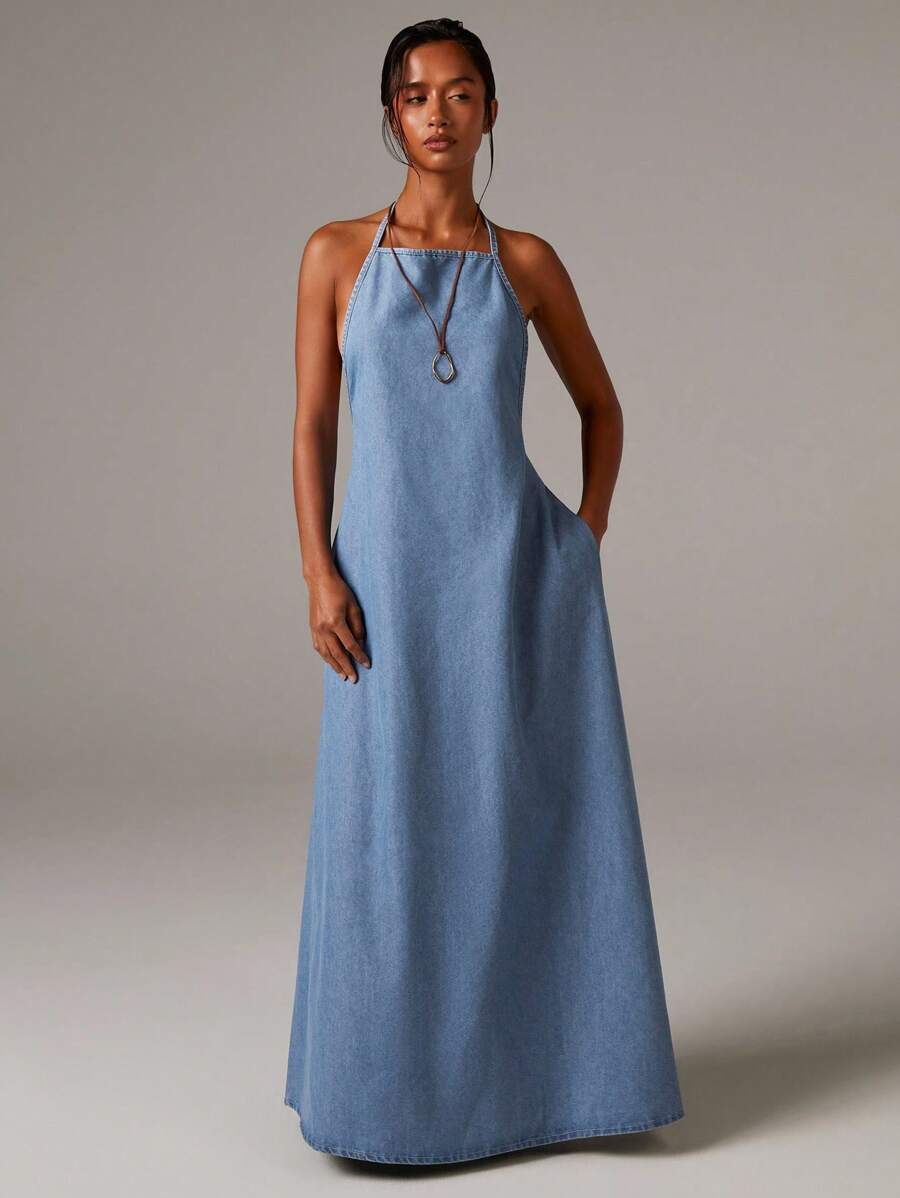 Athîral Denim Women's Chambray Denim Halterneck Backles Maxi Dress,Fall Women Clothes,Holiday,Vintage Dress,Modest Dresses For Women - Light Wash - View 1