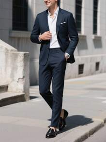 Manfinity Mode Conjunto de chaqueta y pantalón casuales de manga larga con solapa con textura jaspeada para hombre de talla grande - Azul Marino - Ver 3