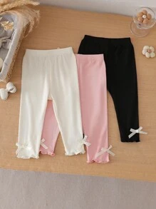SHEIN Vintaside Kids 3 piezas Leggings de verano para niña, con decoración de moño, pantalones elegantes y transpirables para uso en verano
