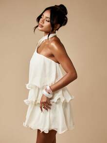 MISSGUIDED 层叠荷叶边迷你派对连衣裙，单肩挂脖设计，飘逸夏季婚礼宾客招待会特殊场合假日蜜月礼服 - 杏色 - 查看 6