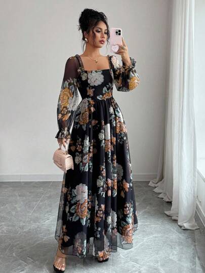 Modelyn Square Neck Lantern Sleeve Cinched Waist Midi Dress With Flared Bottom, Mesh Floral Print, Romantic & Elegant, Suitable For Vacation, Wedding, Party