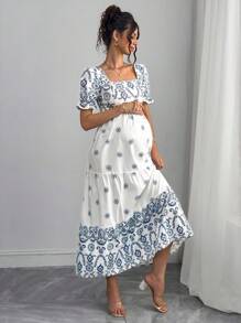 Momance Pregnant Women Square Neck Fitted Waist A-Line Short Sleeve Dress