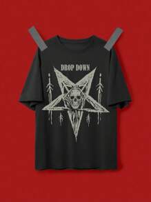 ROMWE MEN Goth 男式哥特式深色字母和五角星印花休闲 T 恤 - 黑色 - 查看 1