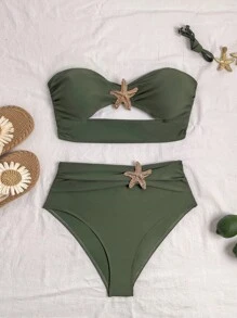 Swim Vcay 2pcs Solid Color Modest Swimsuit Set For Women, Slimming Hot Spring Resort Swimwear For Summer Beach Vacation - Army Green - View 1