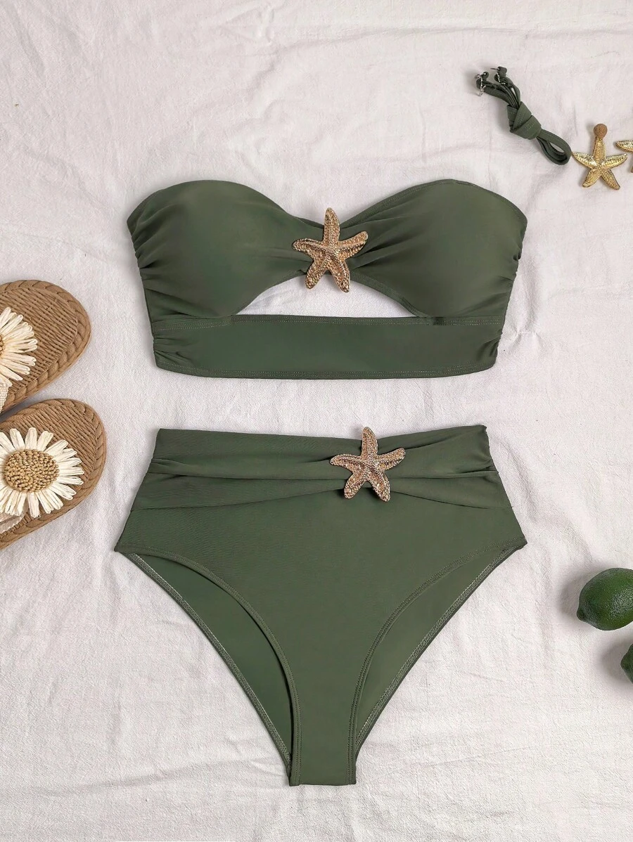 Swim Vcay 2pcs Solid Color Modest Swimsuit Set For Women, Slimming Hot Spring Resort Swimwear For Summer Beach Vacation - Army Green - View 1