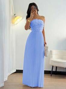 Rafferiza Váy xếp ly họa tiết hoa chắp vá cho nữ, thanh lịch và quyến rũ cho mùa hè - Màu xanh lam - Xem 6