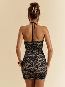 SHEIN BAE 女式黑色蕾丝吊带束腰修身优雅迷你连衣裙、乡村音乐会服装、外出服装、女士度假服装、女士生日礼服、女士性感俱乐部服装、女士黑色连衣裙、万圣节 - 黑色 - 查看 2