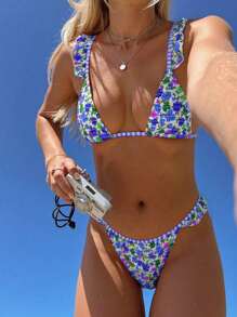 Swim Mod Women'sSimple Floral Print Beach Triangle Bikini Set For Summer Beach Vacation - Multicolor - View 1