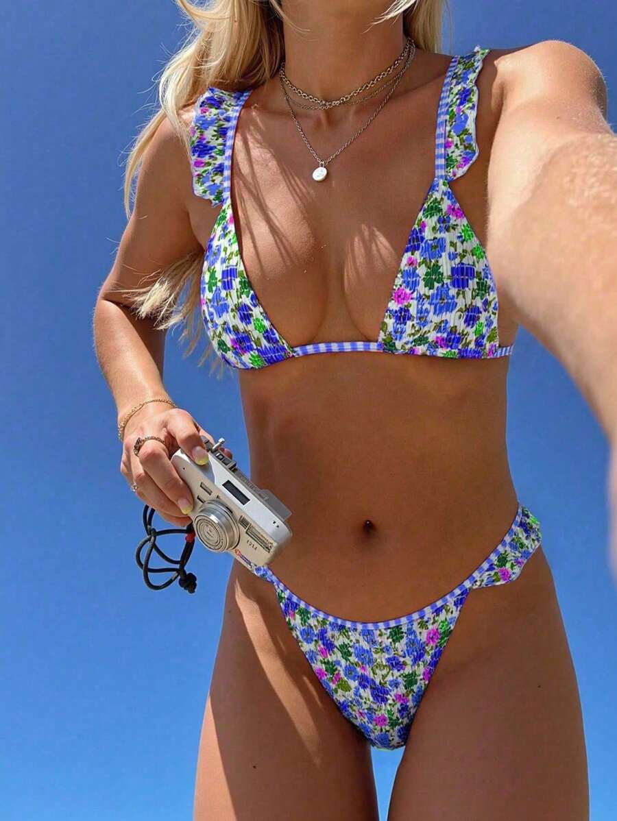 Swim Mod Women'sSimple Floral Print Beach Triangle Bikini Set For Summer Beach Vacation - Multicolor - View 1