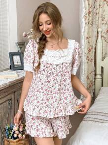 CottageSlumber Cottage Slumber Women Pajama Sets With Lace Ruffle Collar, Puff Sleeves A-Line Top And Ruffle Hem Shorts, Romantic Cottage Comfort - Multicolor - View 4