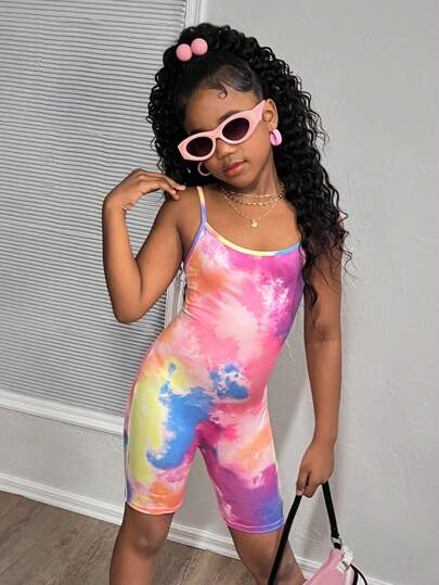 SHEIN Tween Girls' Fashionable Tie Dye Print Knit Camisole Jumpsuit Romper