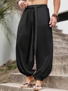 Manfinity RSRT Men's Wide Leg Loose Casual Pants, Bohemian Nepal Retro Style Trousers Harem Pants Japanese Pants Black Baggy Pants Balloon Pants Boho Pants, Fall - Black - View 4