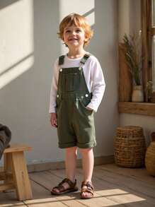 SHEIN Vintaside Kids Young Boy Casual Vacation Style Denim Suspender Shorts