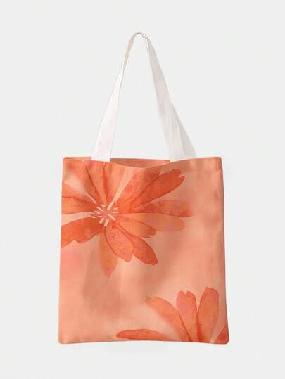 ROMWE Fairycore Floral Reusable Printed Canvas Tote Bag, Shoulder Bag Design, Suitable For Shopping, Sporty, Preppy, Colorblock, Letter