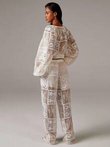 Athîral Women's Sheer Patchwork Effect Trousers, Vacation Bridal Pants - Apricot - View 3