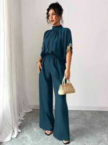 Lyxana 春夏最新款蝙蝠袖黑色设计感宽松优雅飘逸金色蕾丝女连体裤 - 墨綠色 - 查看 5