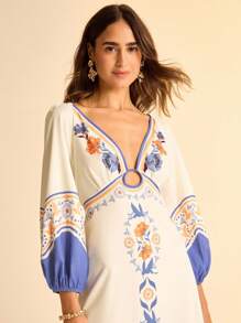 CAJUNI 女式波西米亚风热带植物与花卉印花蓝黄假日休闲镂空后背长袖长裙 - 彩色 - 查看 9