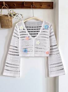 SHEIN Vintaside Kids Maglione A Maglia Per Ragazza Con Camicia A Fiori 3d, Decorato A Maglia Traforato - Bianco - Visualizzare 7