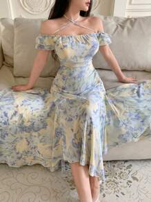 Modelyn Robe d'été élégante pour femme en mousseline imprimée, épaules dénudées, croisée, plissée avec ourlet irrégulier - Bleu azur - Voir 7