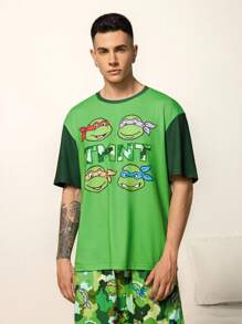 TEENAGE MUTANT NINJA TURTLES | SHEIN Men's Comfy Colorblock Cartoon Turtle Pattern Short Sleeve Top And Shorts Loungewear Set, Summer