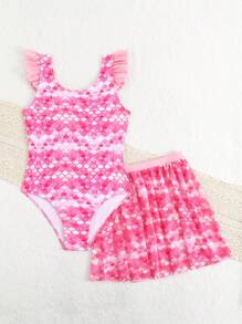 青少年女孩美人鱼鳞片印花连体泳衣，带网眼裙，适合度假穿着 - 彩色 - 查看 4