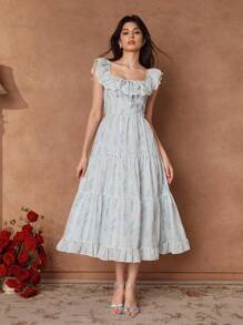 Savoree 浅蓝色优雅浪漫花卉印花雪纺蝴蝶结装饰荷叶边下摆甜美长裙，适合婚礼宾客，仙女裙，露肩 - 藍色 - 查看 5