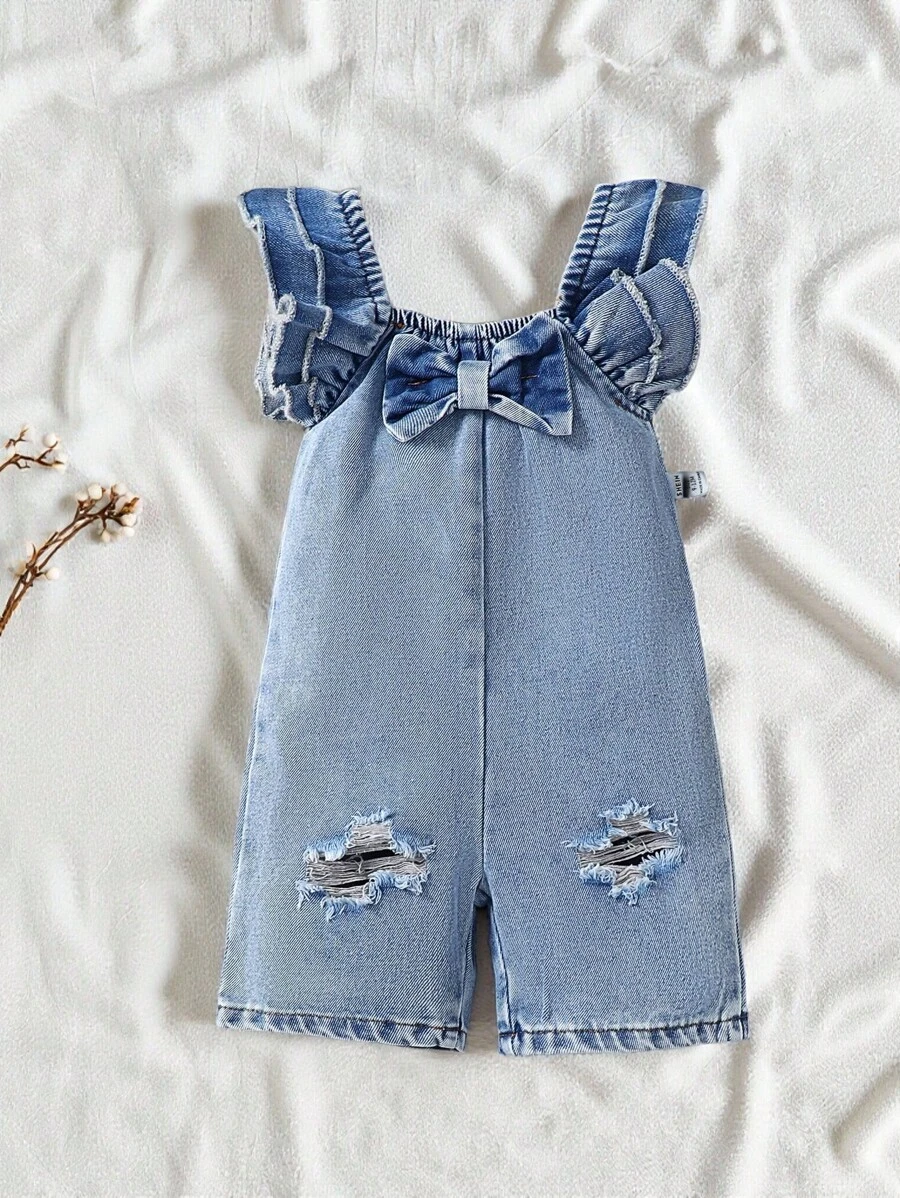 SHEIN Vintaside Kids 寶寶女孩荷葉袖，蝴蝶結，破洞丹寧連身褲