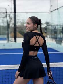 Innovista 女士纯色长袖无袖上衣、露脐背心和短裙运动套装，女士运动网球套装，露脐运动上衣、运动文胸和短裙短裤，运动风格必备搭配健身服，适合从办公室到球场、早午餐到健身房等各种场合，两件套多功能运动休闲服，适合全天候穿着，Tenniscore 运动弹力运动套装，防紫外线，透气，实用时尚，优雅套装 - 黑色 - 查看 4