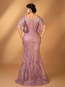 Serin Đầm mẹ dáng ôm cổ tròn thanh lịch lãng mạn cỡ lớn đính hoa trang trí tay bèo nhún viền đuôi cá - Bụi hồng - Xem 5