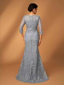 Serin Dusty Blue Summer Formal Elegant Evening Formal Wedding Dress,Luxury Embroidered Lace Rhinestone Pearl Sheer Long Sleeve Mermaid Bridal Mother Gown - Army Green - View 3