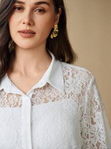 Flouryn Plus Size White Lace Long Sleeve Shirt, Elegant For Commuting And Vacation, Fall Women Clothes Fall Clothes Fall Tops Fall Women Outfits