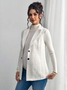 SHEIN 孕妇格纹双排扣无袖休闲夹克 - 白色 - 查看 1